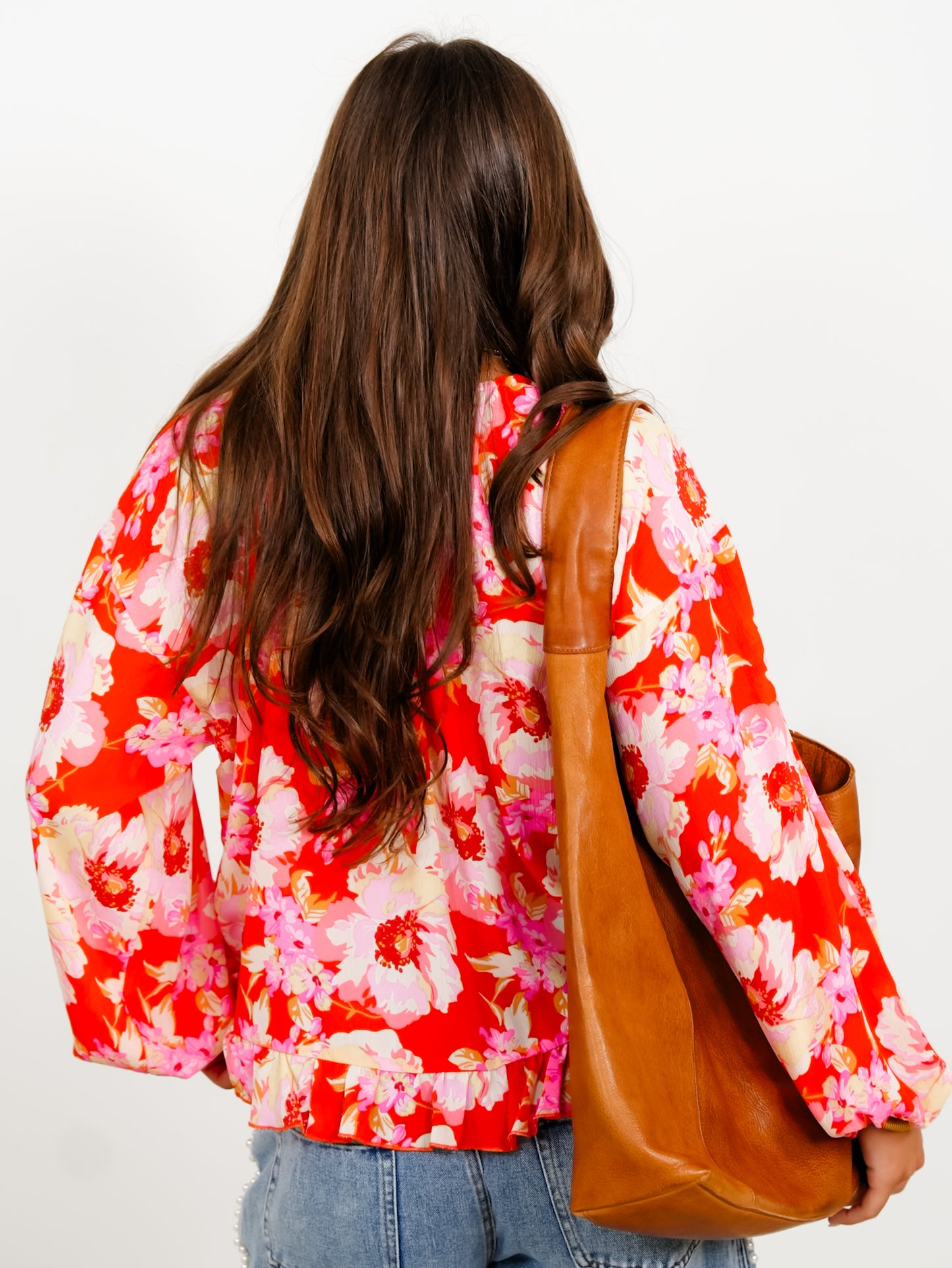 Plus/Reg Floral Print Long Sleeve Ruffle Hem Top