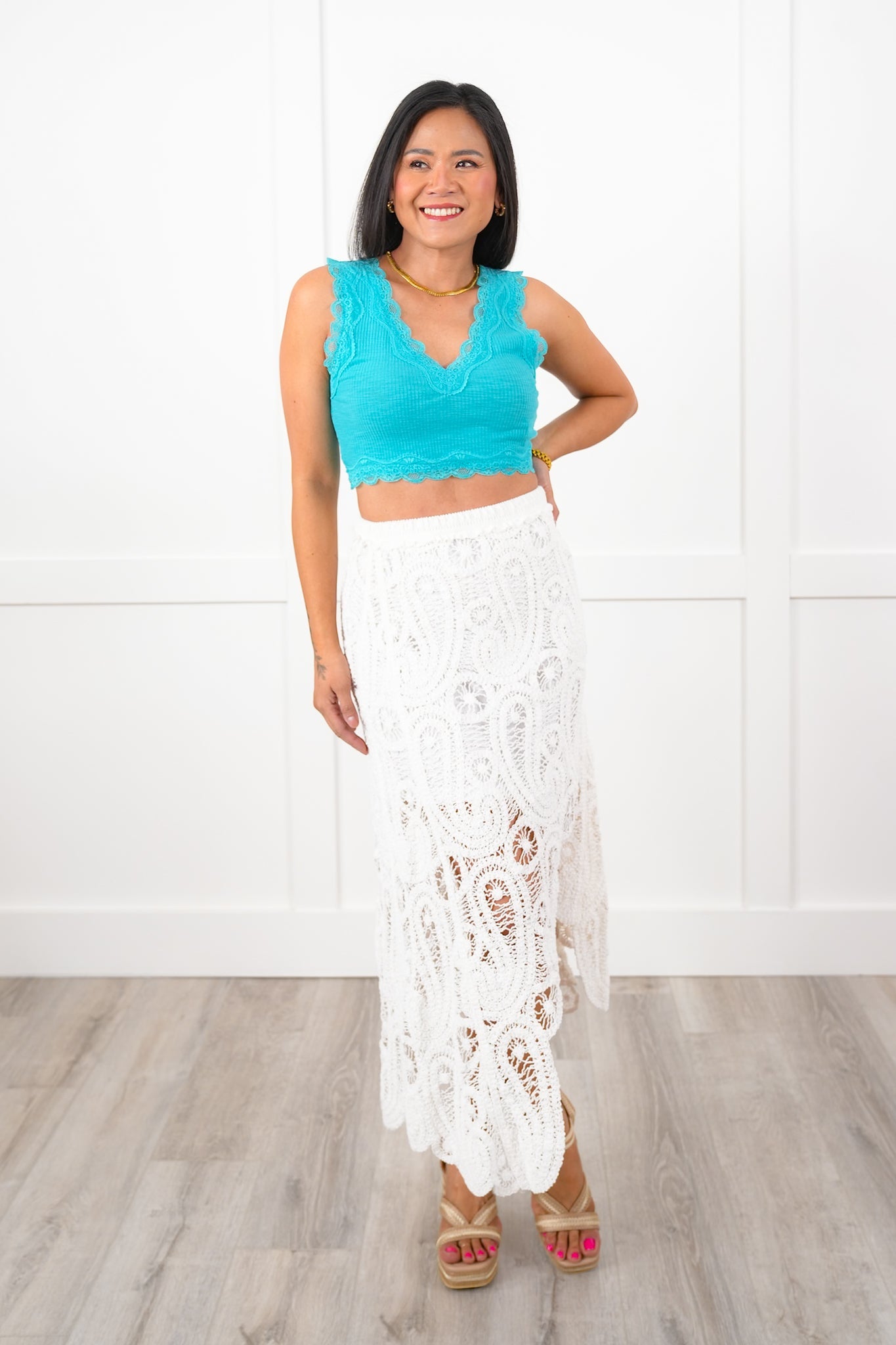 Restock! POL Rib Knit Sleeveless Double V Neck Crop Top with Lace Detail