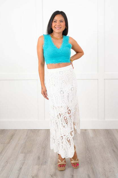 Restock! POL Rib Knit Sleeveless Double V Neck Crop Top with Lace Detail