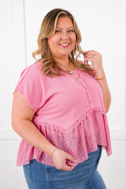 POL Short Sleeve Button Up Knit Top with Crochet Detail