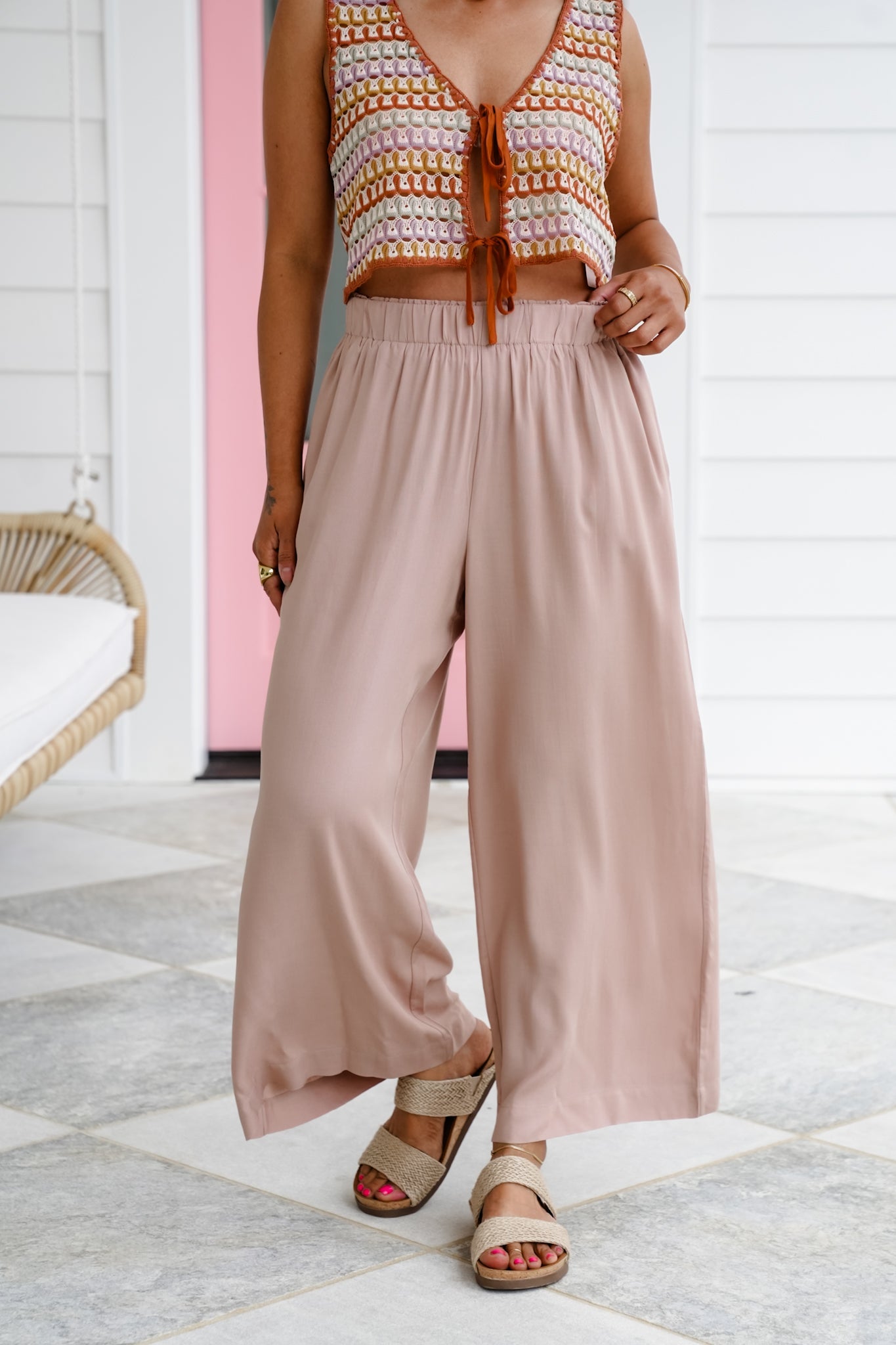 Solid Woven Elastic High Waist Wide Leg Pants