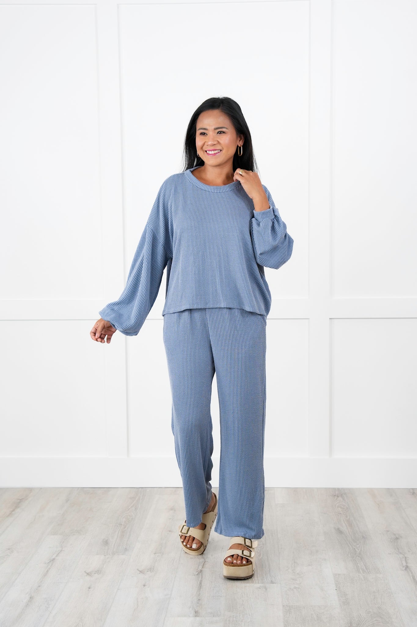 Ribbed Long Sleeve Round Top With Elastic Waistband Lounge Pant Set (Multiple Colors)