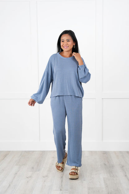 Ribbed Long Sleeve Round Top With Elastic Waistband Lounge Pant Set (Multiple Colors)