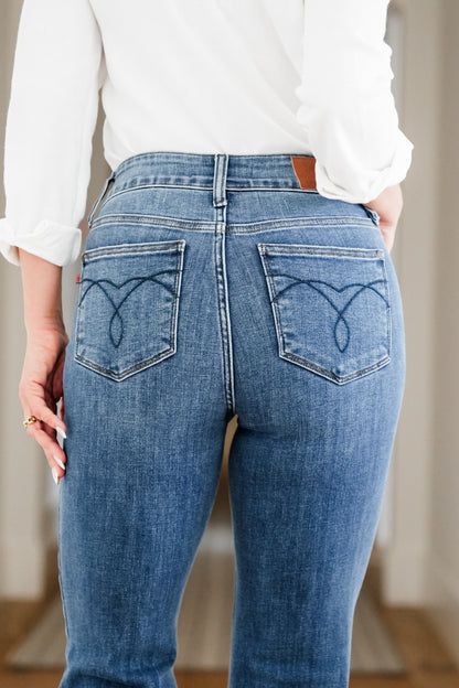 Judy Blue High Rise Medium Wash Double Button Frayed Hem Bootcut Jeans