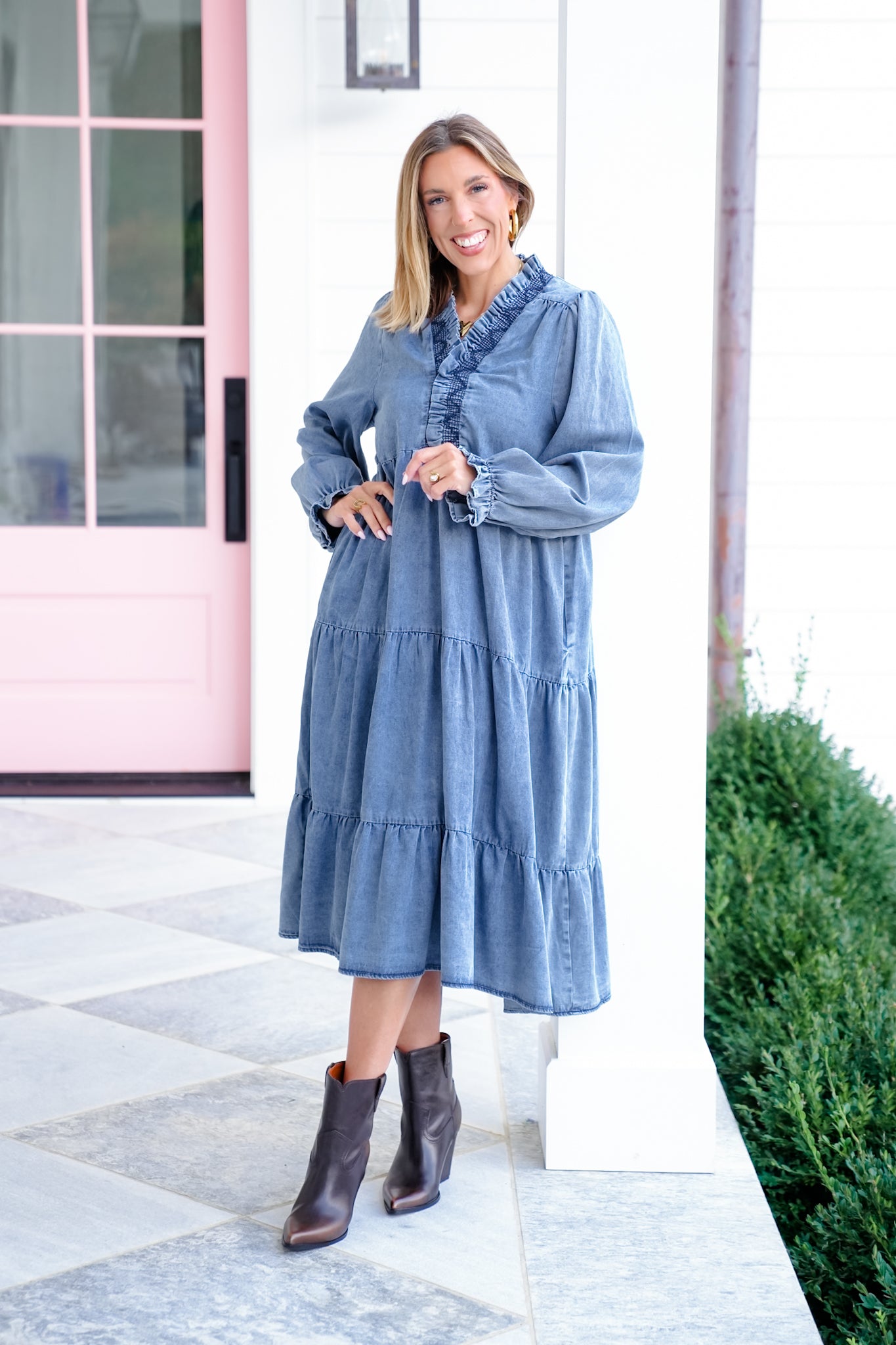 Long Sleeve Smock Neck Tiered Maxi Dress