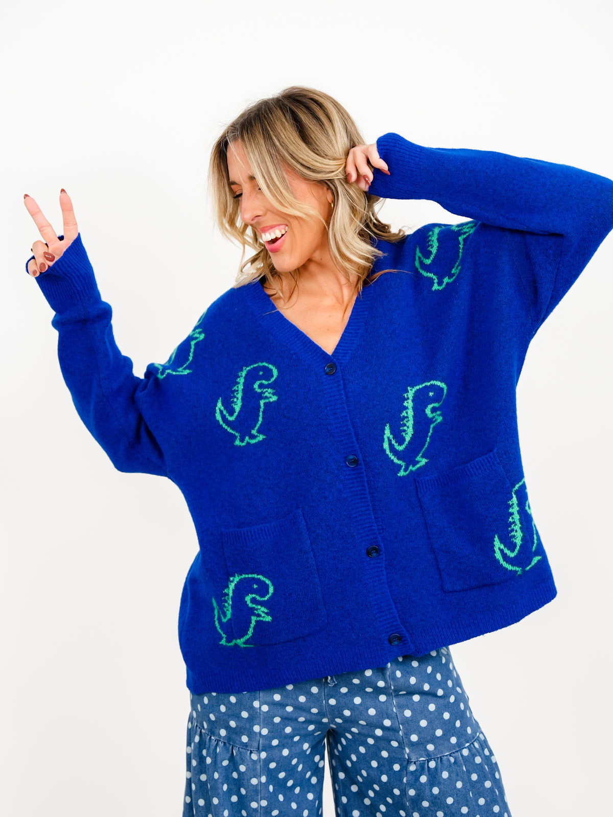 Plus/Reg Dinosaur Pattern Button Down Cardigan With Pockets