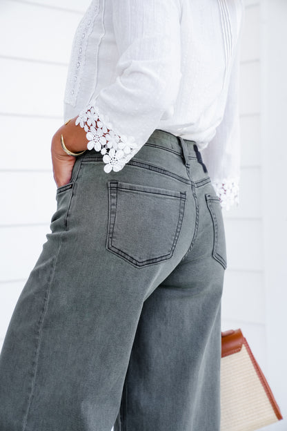 Mica High Rise Green Vintage Wash Wide Leg Jeans