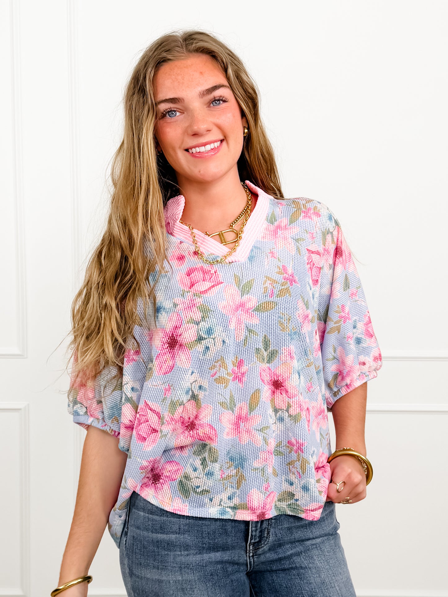 Plus/Reg Floral Print Short Sleeve V Neck Top