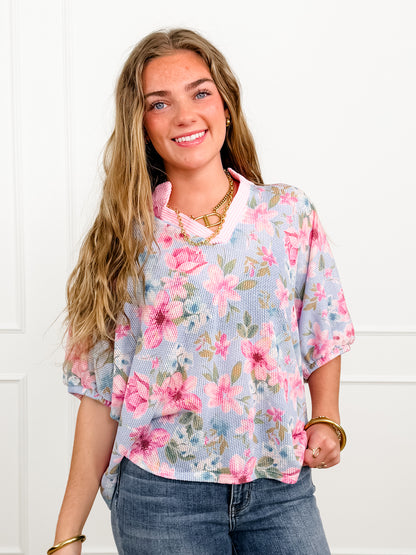 Plus/Reg Floral Print Short Sleeve V Neck Top