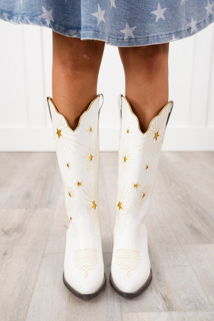 Western Knee High Heeled Boot with Star Cutout Accents
