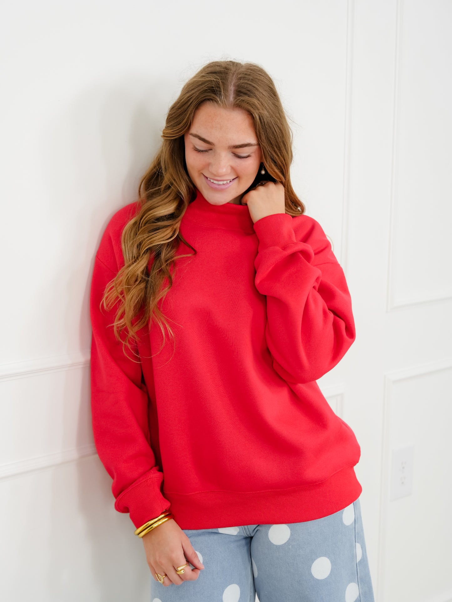 Plus/Reg Solid Long Sleeve Mock Neck Pullover Sweatshirt