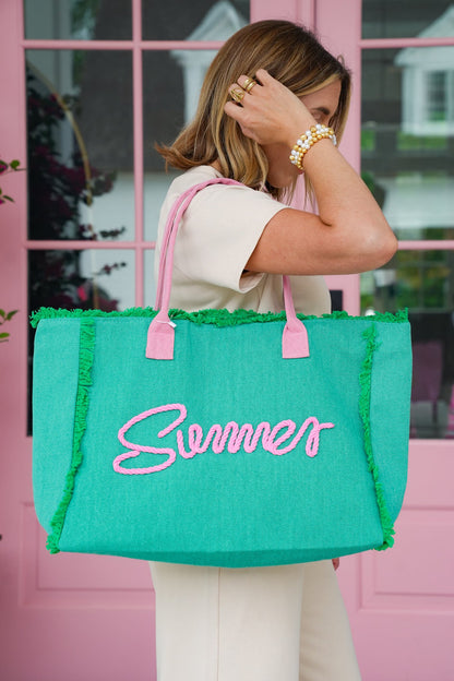 "Summer" Sewn Rope Fringed Adorned Canvas Tote Bag with Zipper Closure