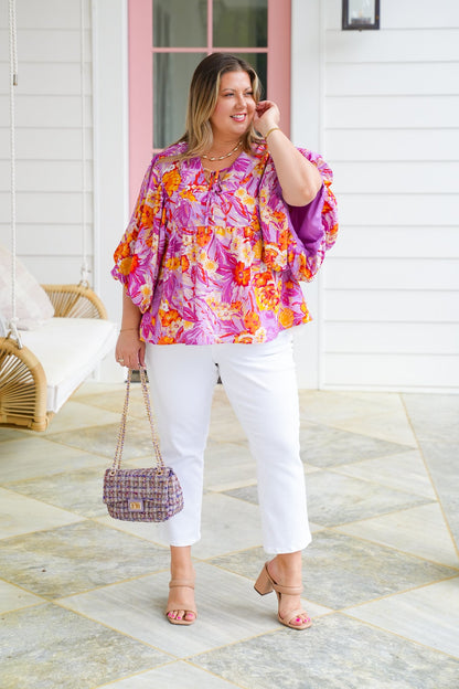 Plus/Reg Tropical Floral Print Dolman Sleeve V Neck Top
