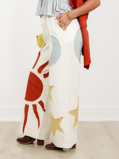 Elastic Waist Sun, Moon, & Stars Patch Wide Leg Pants