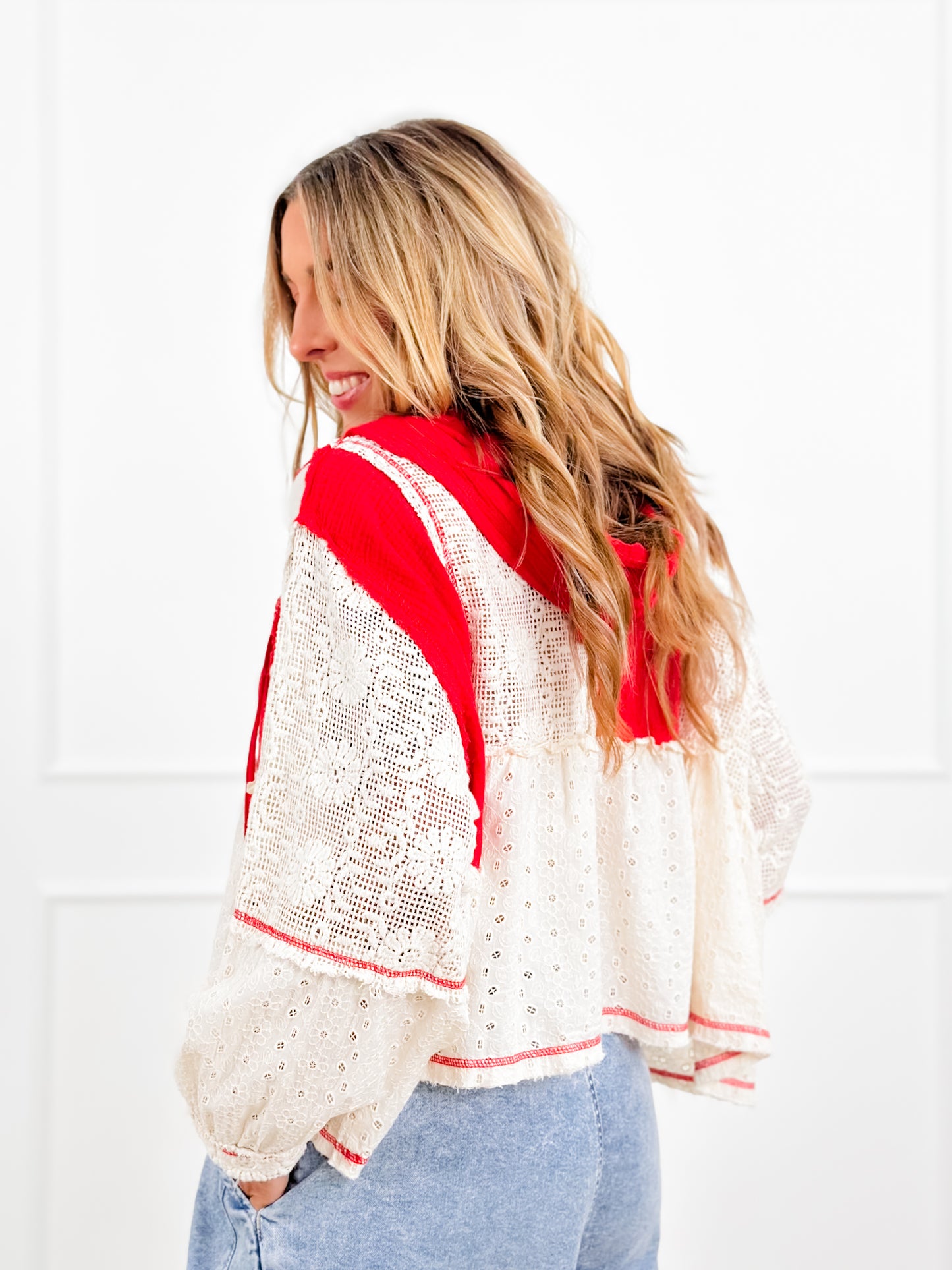 POL Crochet Long Sleeve V Neck Hoodie Top