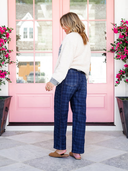 Risen High Rise Dark Plaid Slouchy Cuffed Barrel Jeans