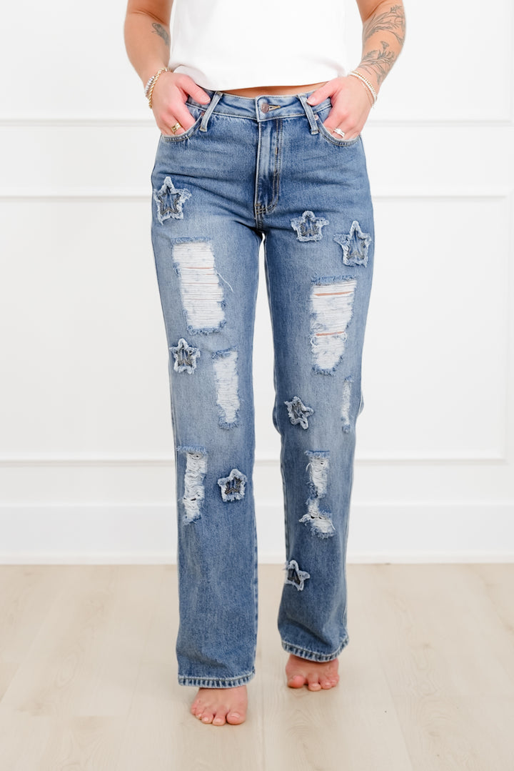Saige High Rise Medium Wash Distressed Dad Jeans with Star Patches