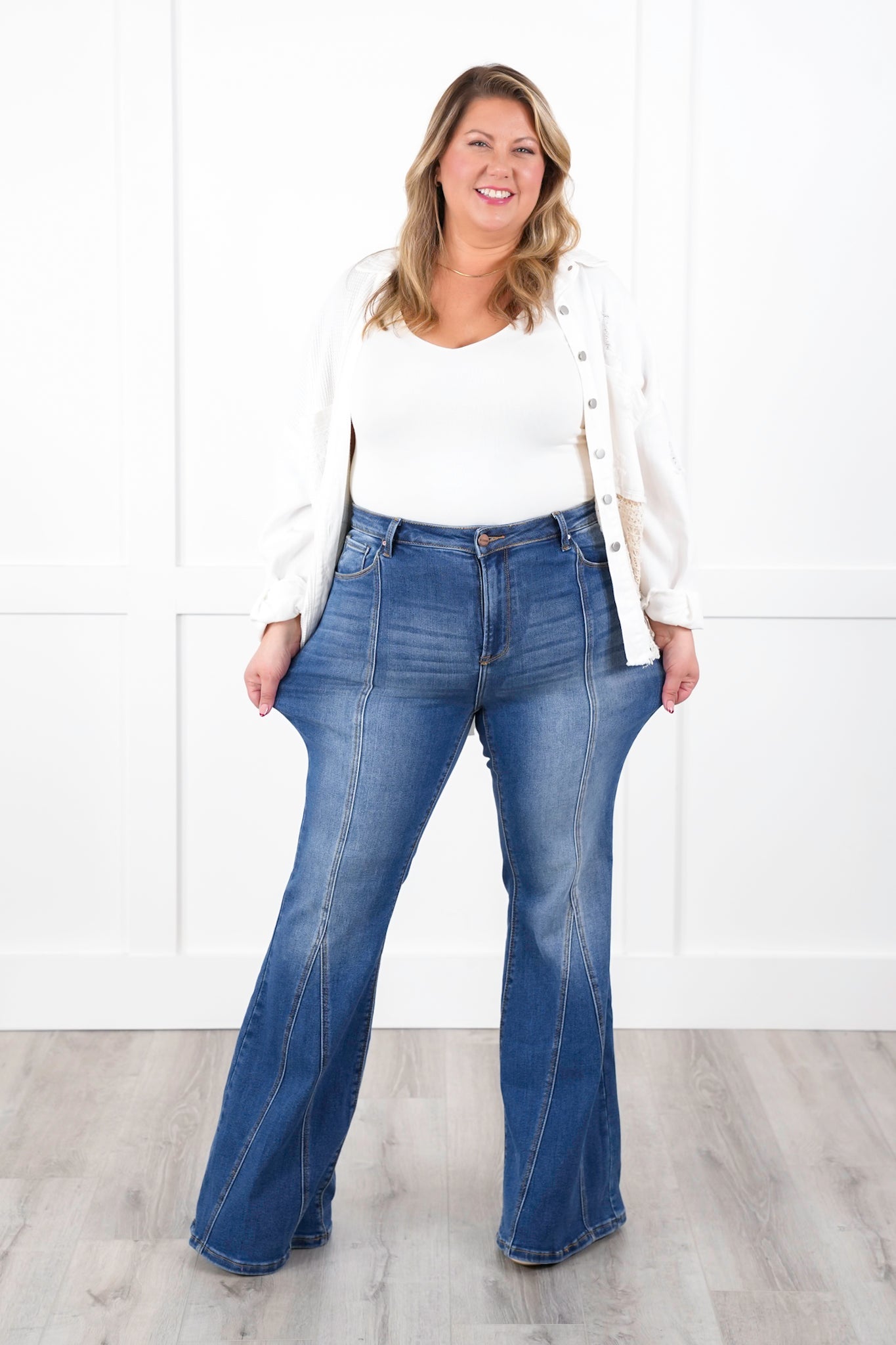 Risen High Rise Dark Wash Flare Jeans with Front Seam Detail