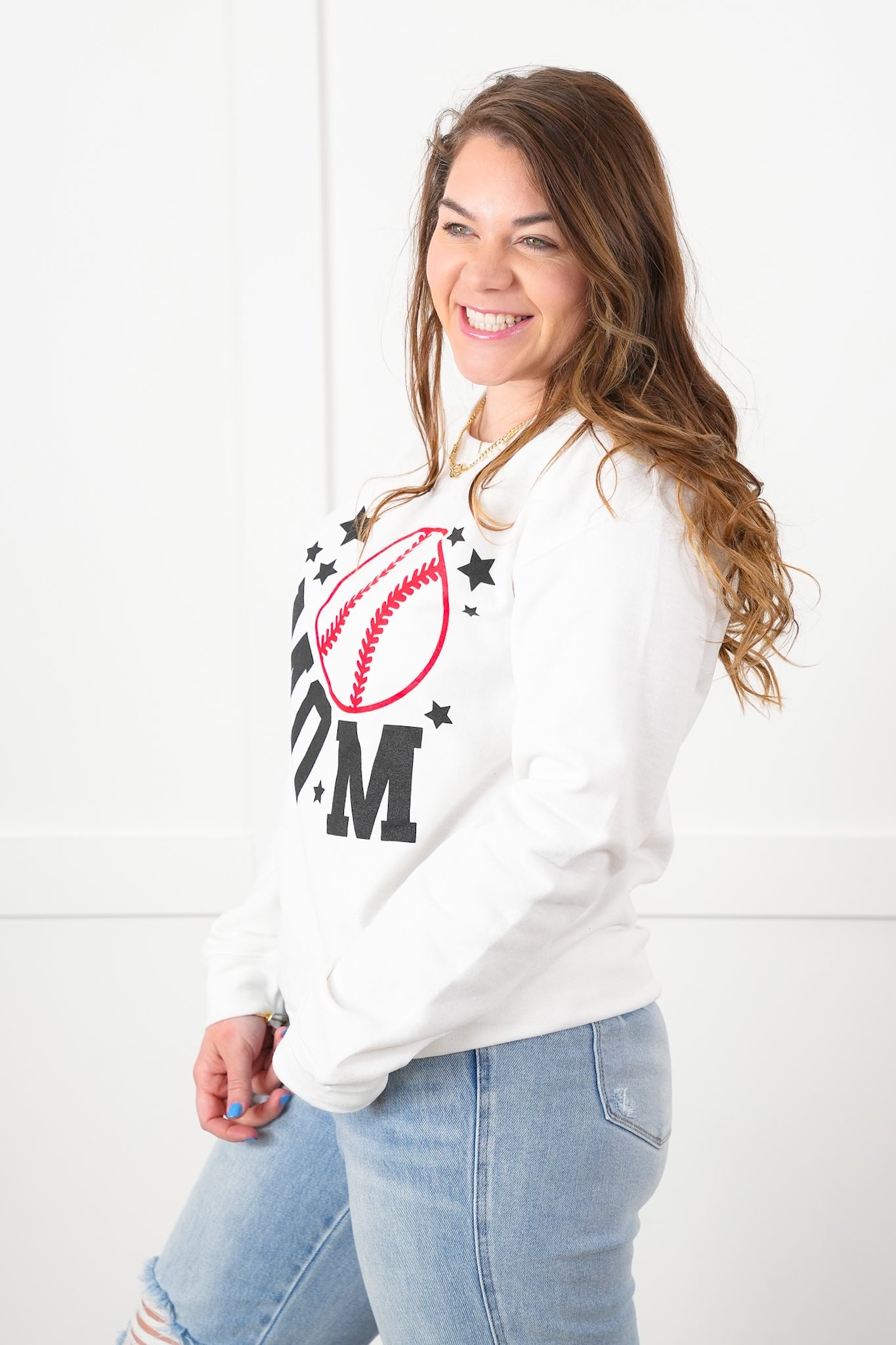 Plus/Reg Long Sleeve Baseball "Mom" Graphic Sweatshirt
