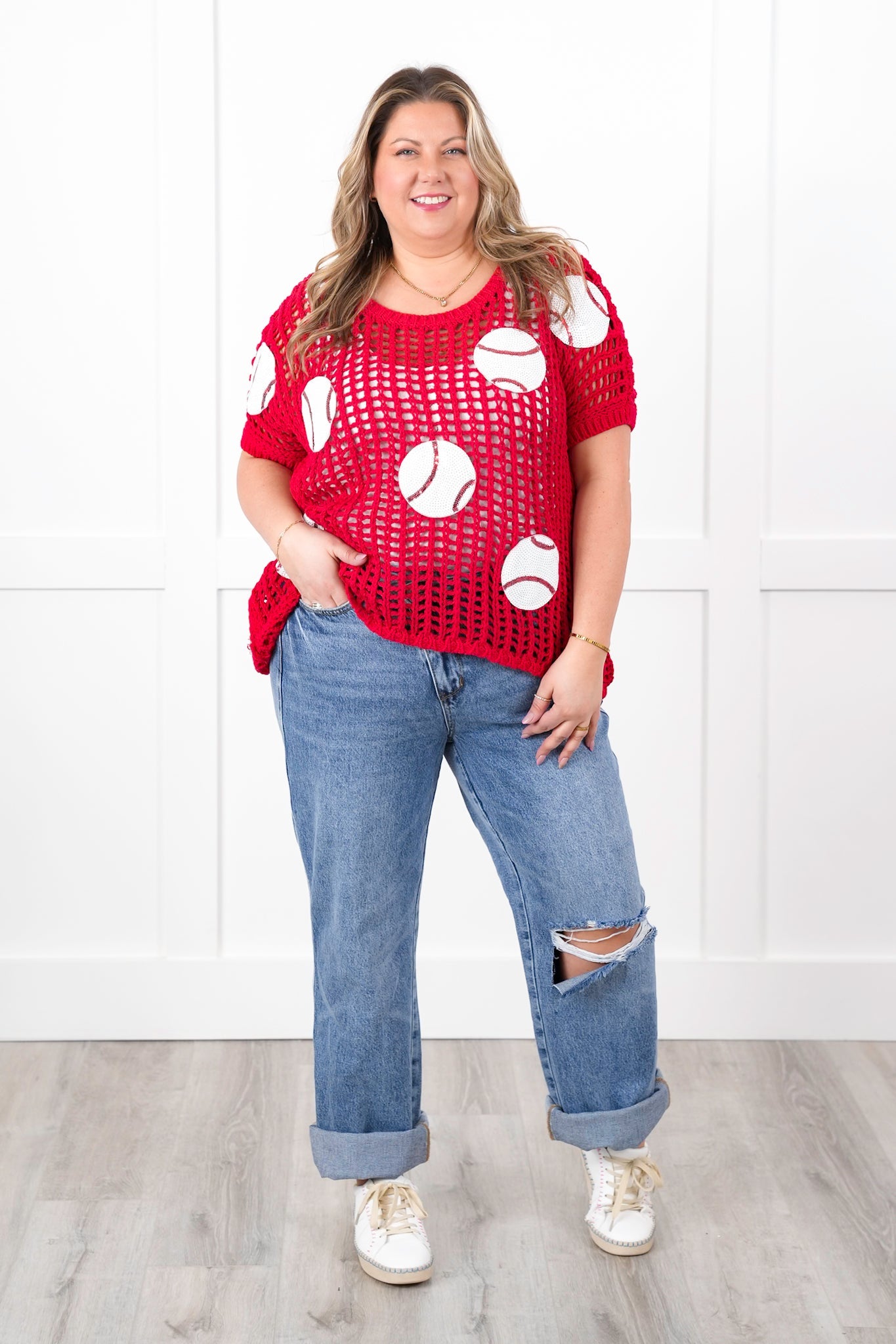 Loose Knit Short Sleeve Sweater with Sequin Baseball Patch Detail