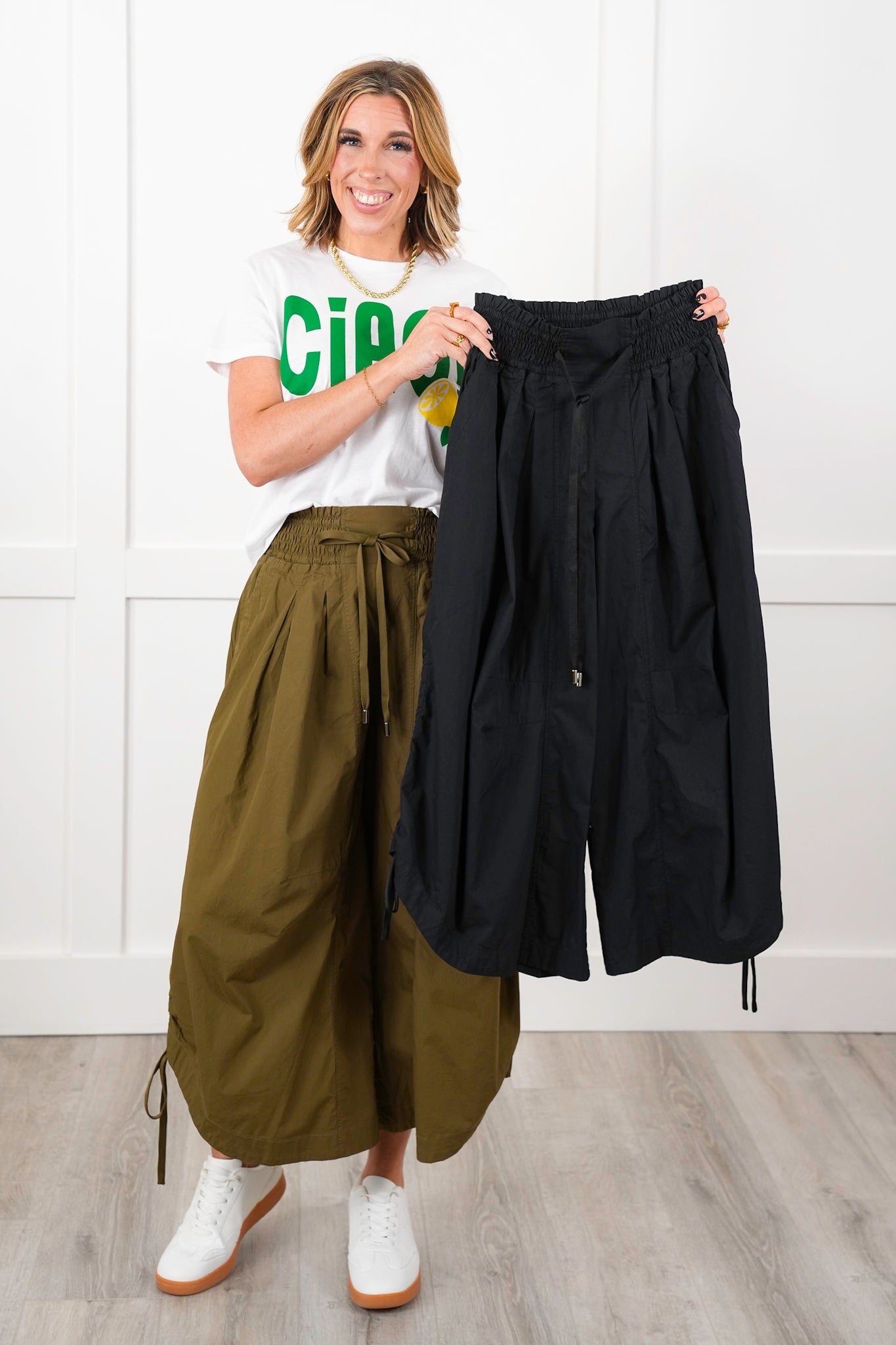 Plus/Reg Pleated Smocked Waist Wide Leg Pants