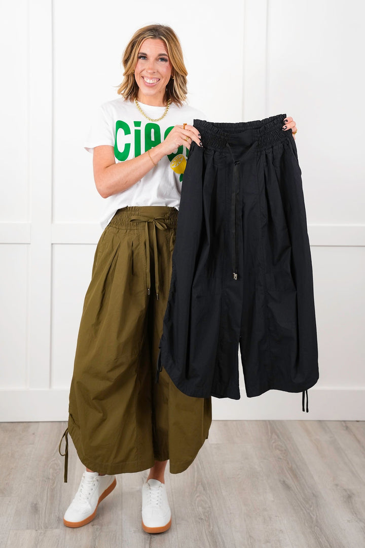 Plus/Reg Pleated Smocked Waist Wide Leg Pants