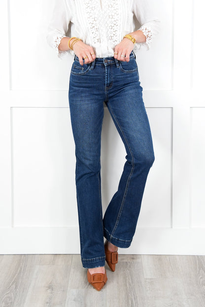 Vervet High Rise Dark Wash Trouser Hem Bootcut Jeans