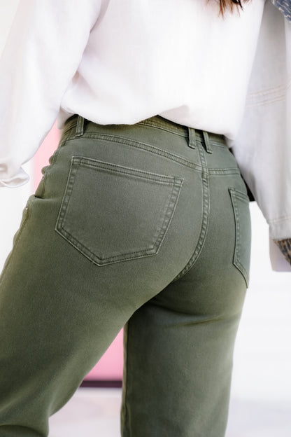 Mica High Rise Green Ankle Straight Leg Barrel Jeans