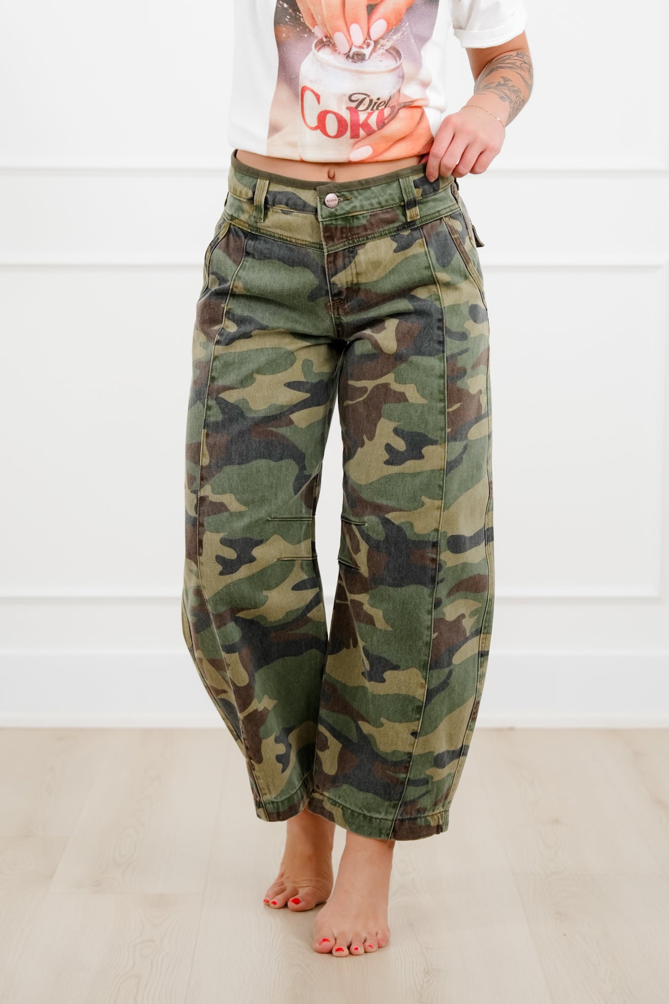 Risen Mid Rise Camo Ankle Barrel Pants