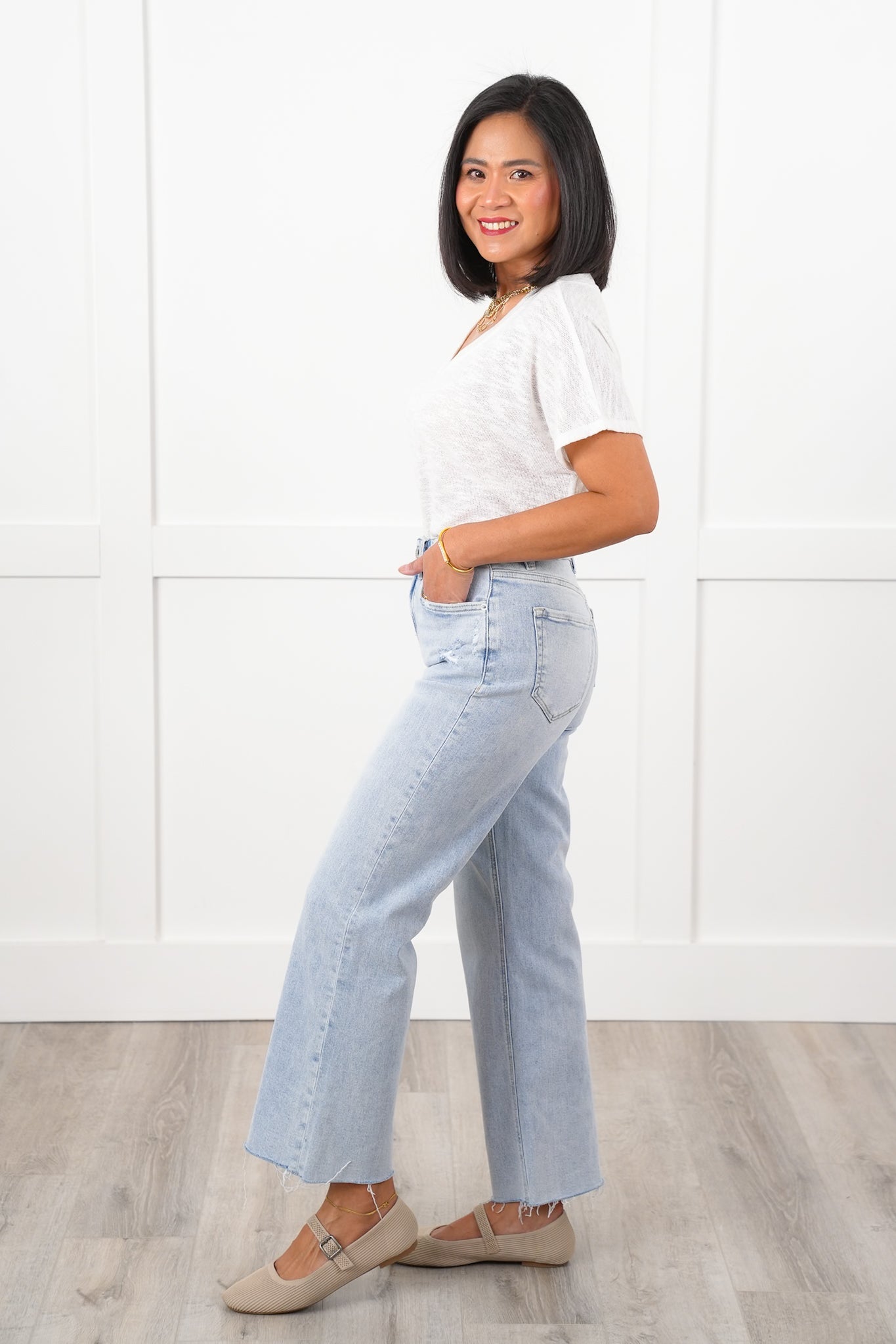 Mica High Rise Light Wash Raw Hem Wide Leg Jeans