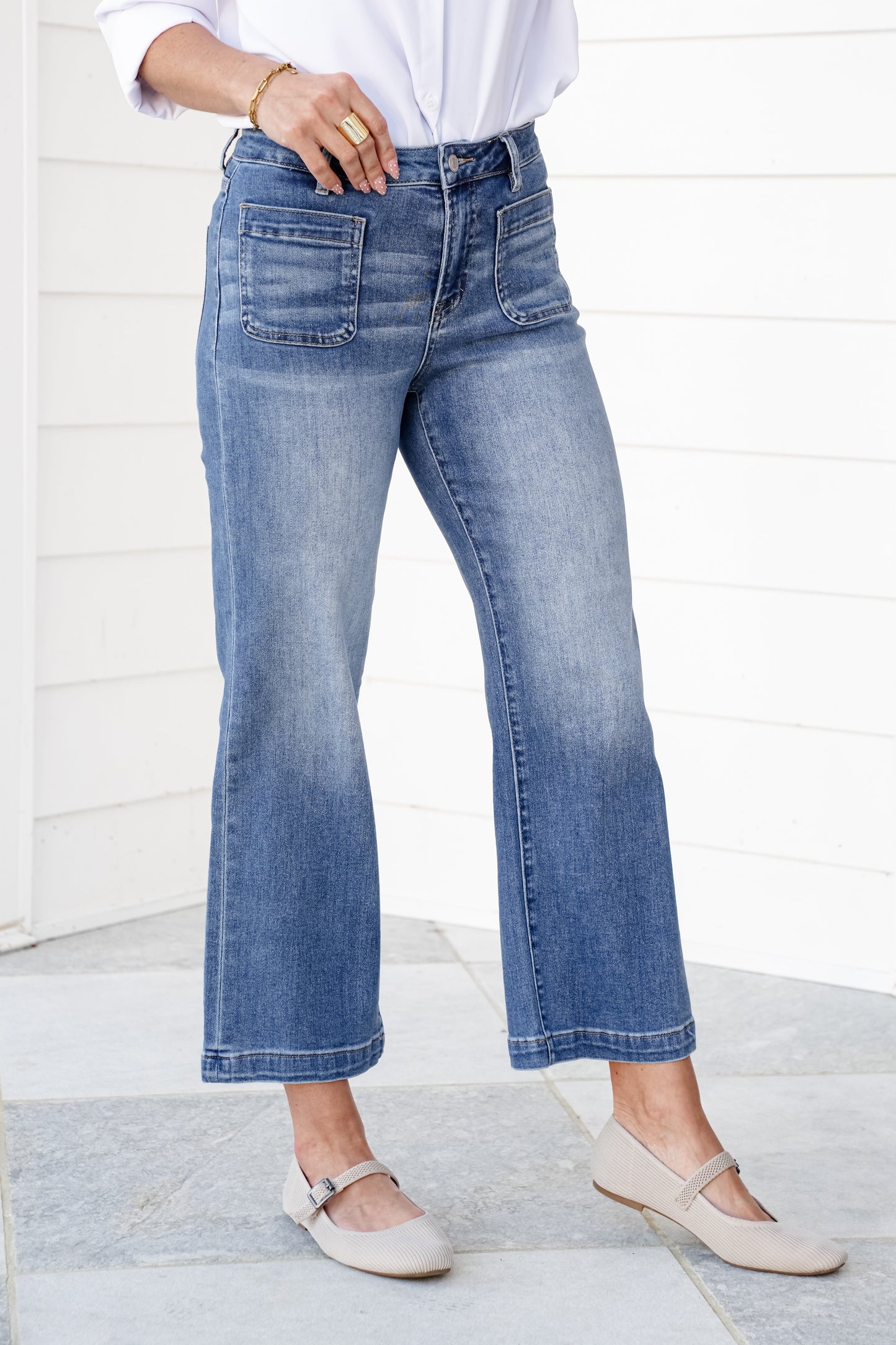 Mica High Rise Medium Wash Cropped Wide Leg Jeans with Patch Pockets