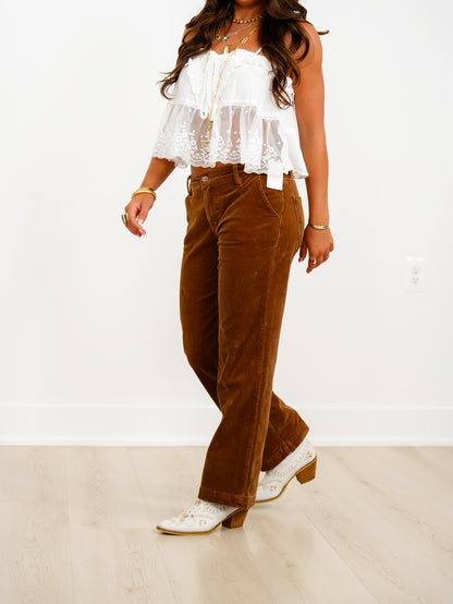 Risen Mid Rise Brown Tummy Control Straight Leg Corduroy Pants