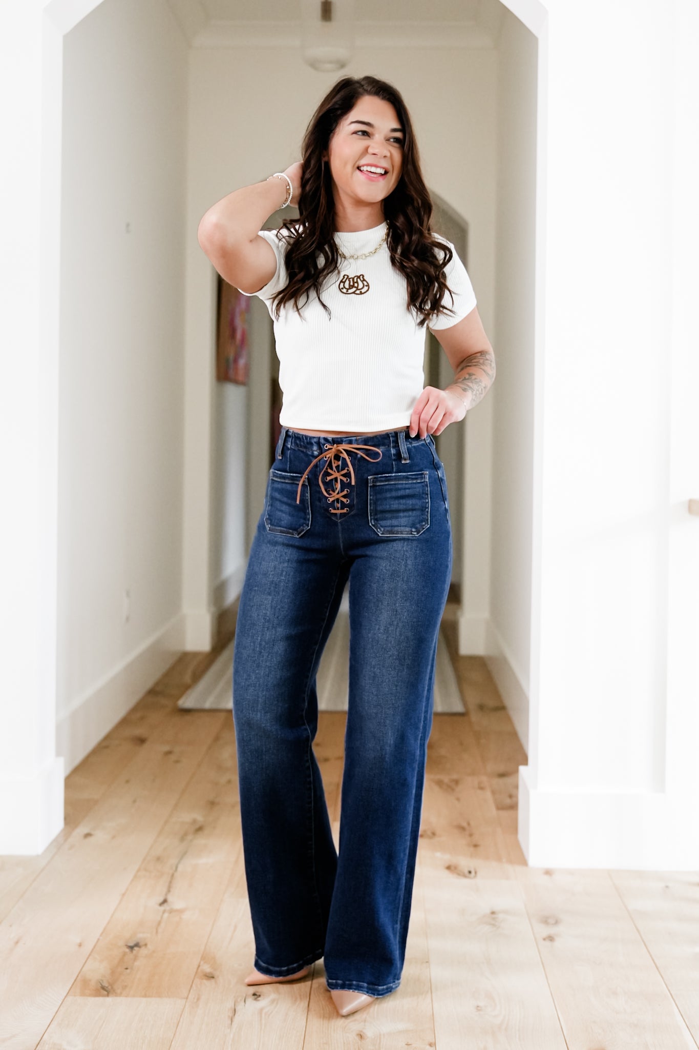 Risen High Rise Dark Wash Wide Leg Jeans with Front Tie