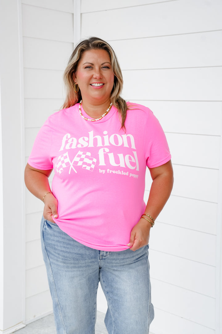 Plus/Reg Pink Short Sleeve "Fashion Fuel By Freckled Poppy" Graphic Tee with Racing Flag