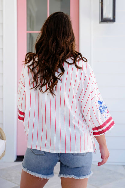Stripe Short Sleeve Baseball Top with Sequin Detail