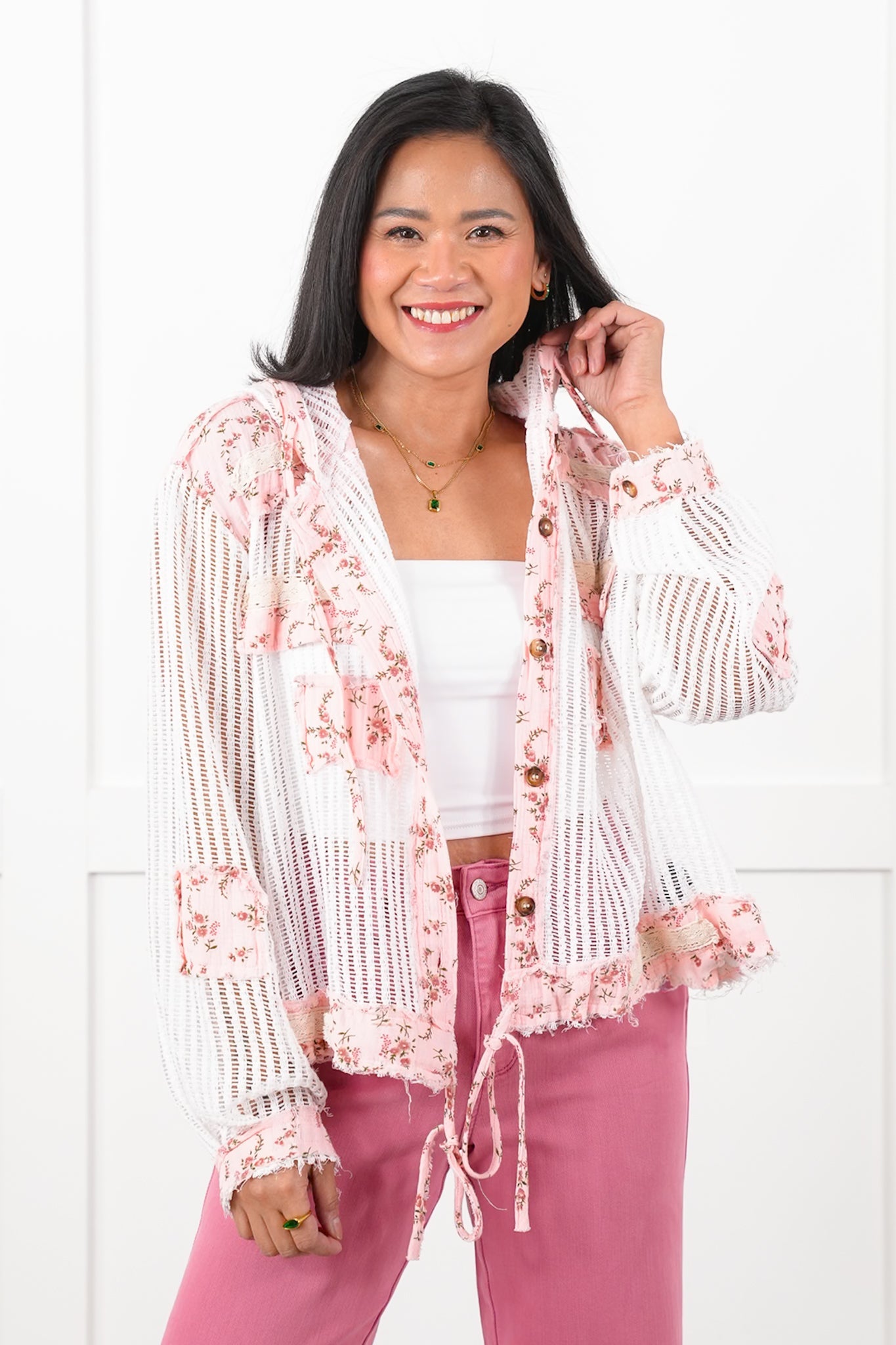 POL Crochet Long Sleeve Button Down Hooded Jacket with Floral Detail