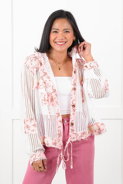 POL Crochet Long Sleeve Button Down Hooded Jacket with Floral Detail