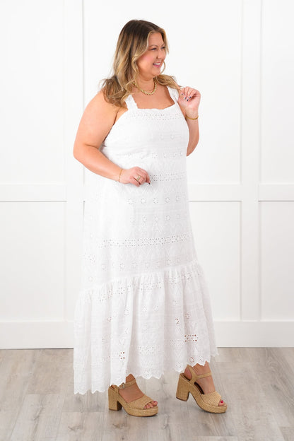 Plus/Reg Sleeveless White Eyelet Scalloped Hem Dress