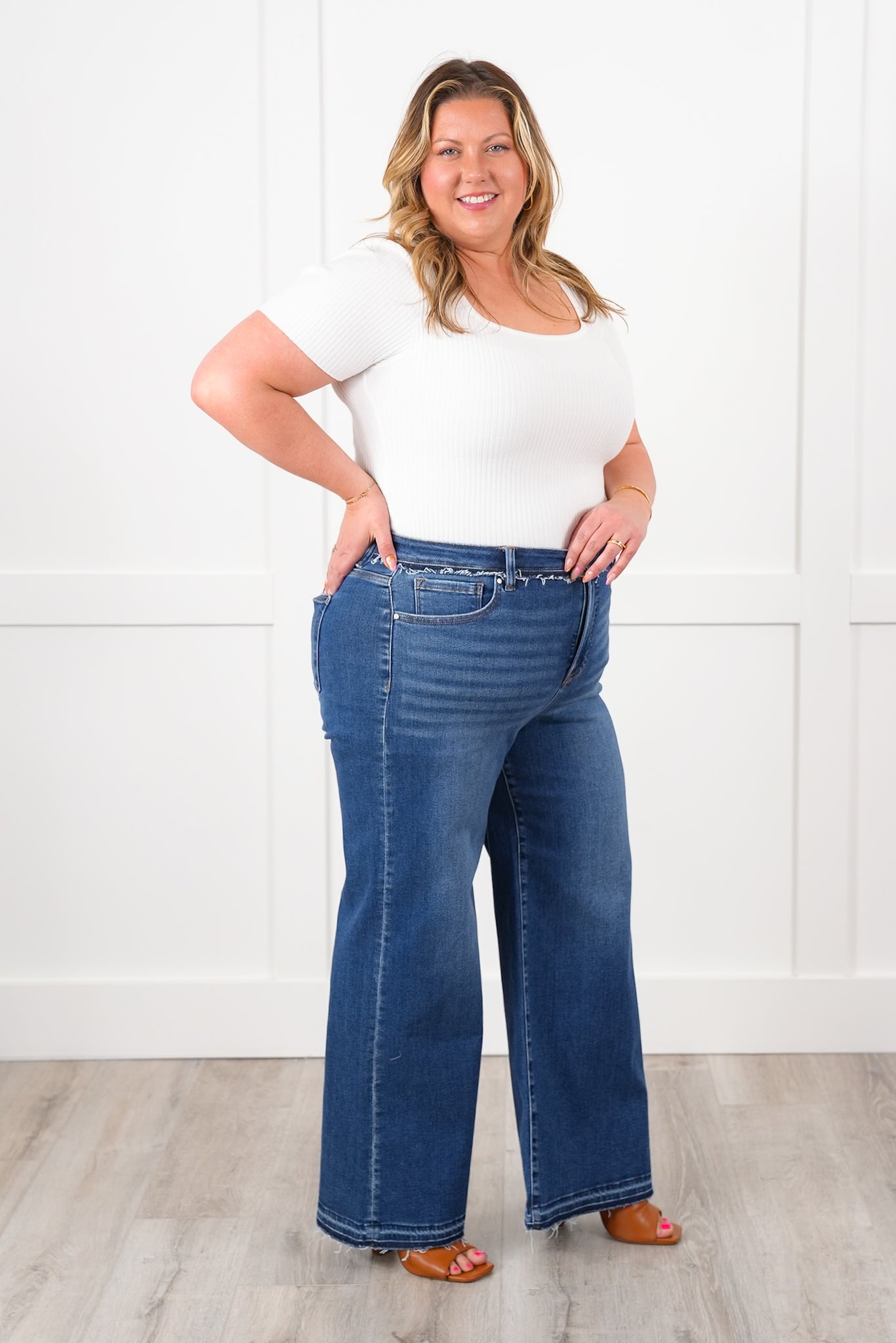 Risen High Rise Dark Wash Tummy Control Wide Leg Jeans with Released Hem