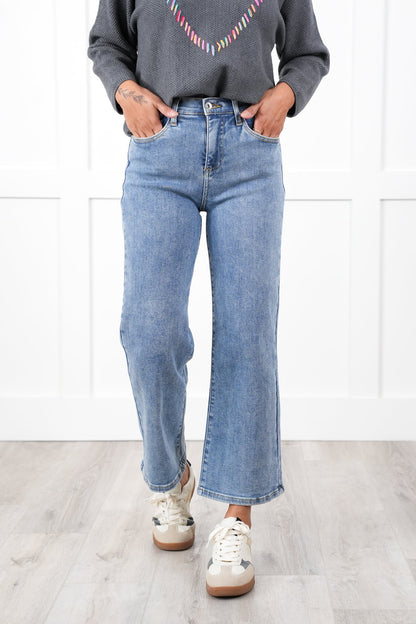 Special A High Rise Light Wash Cropped Wide Leg Jeans
