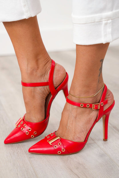 Studded Pointed Toe High Heel Shoe with Ankle Strap