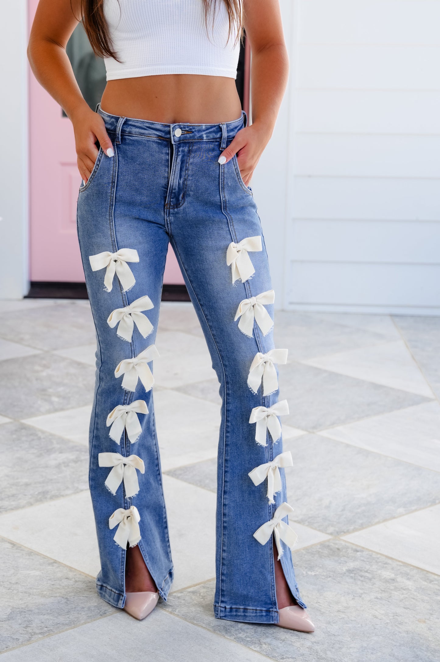 Restock! Denim High Waist Flare Leg Jeans with Bow Detail
