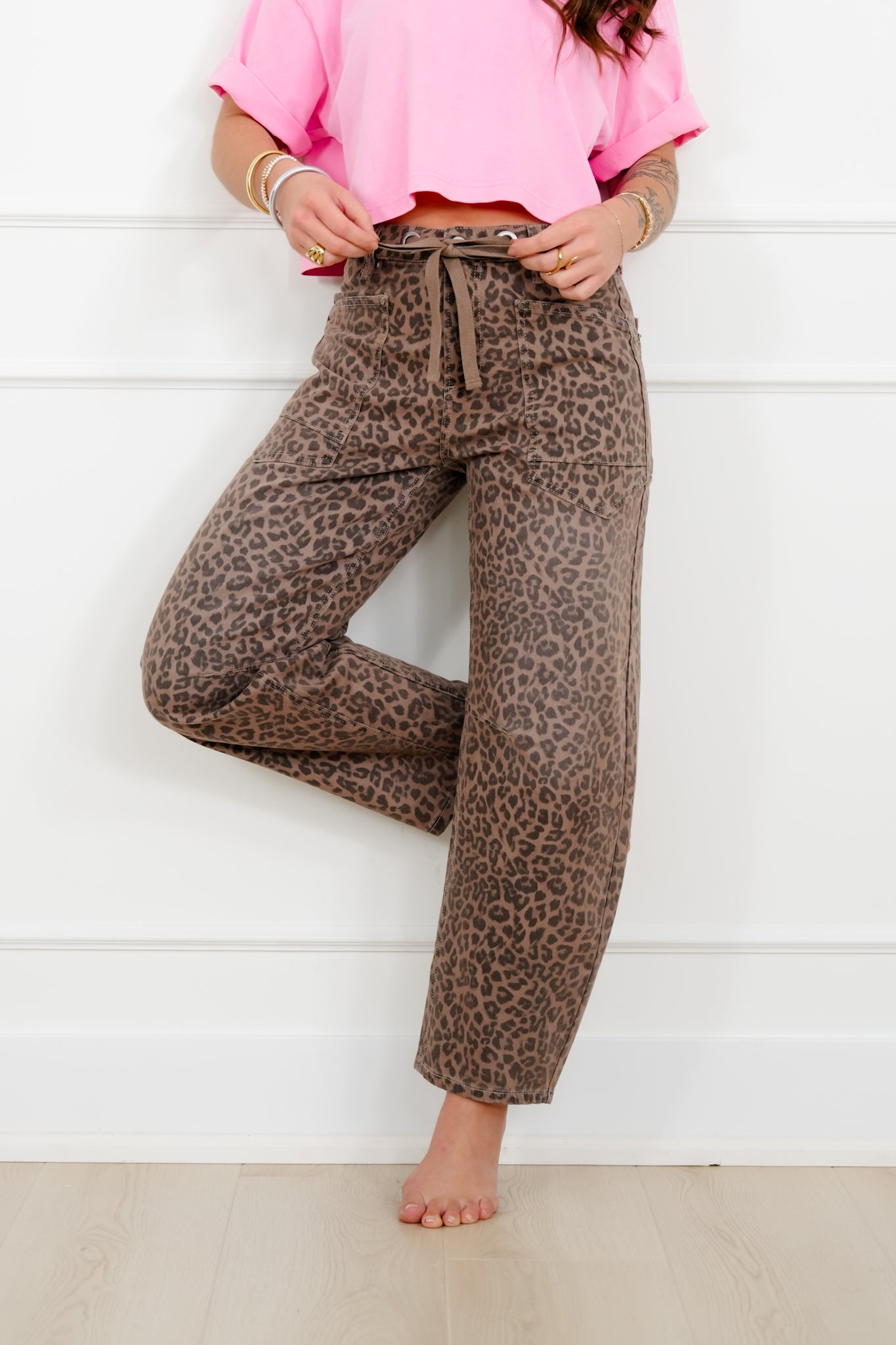 Risen Leopard Slouchy Drawstring Waistband Barrel Jeans