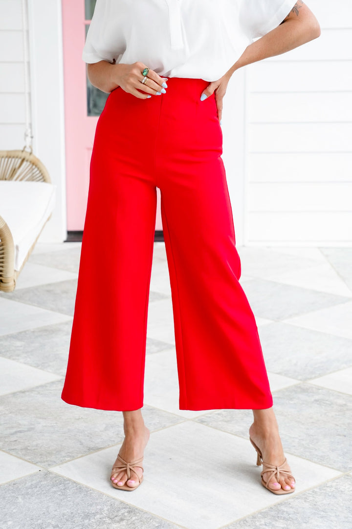 Red Flat Front Side Zipper Wide Leg Pants