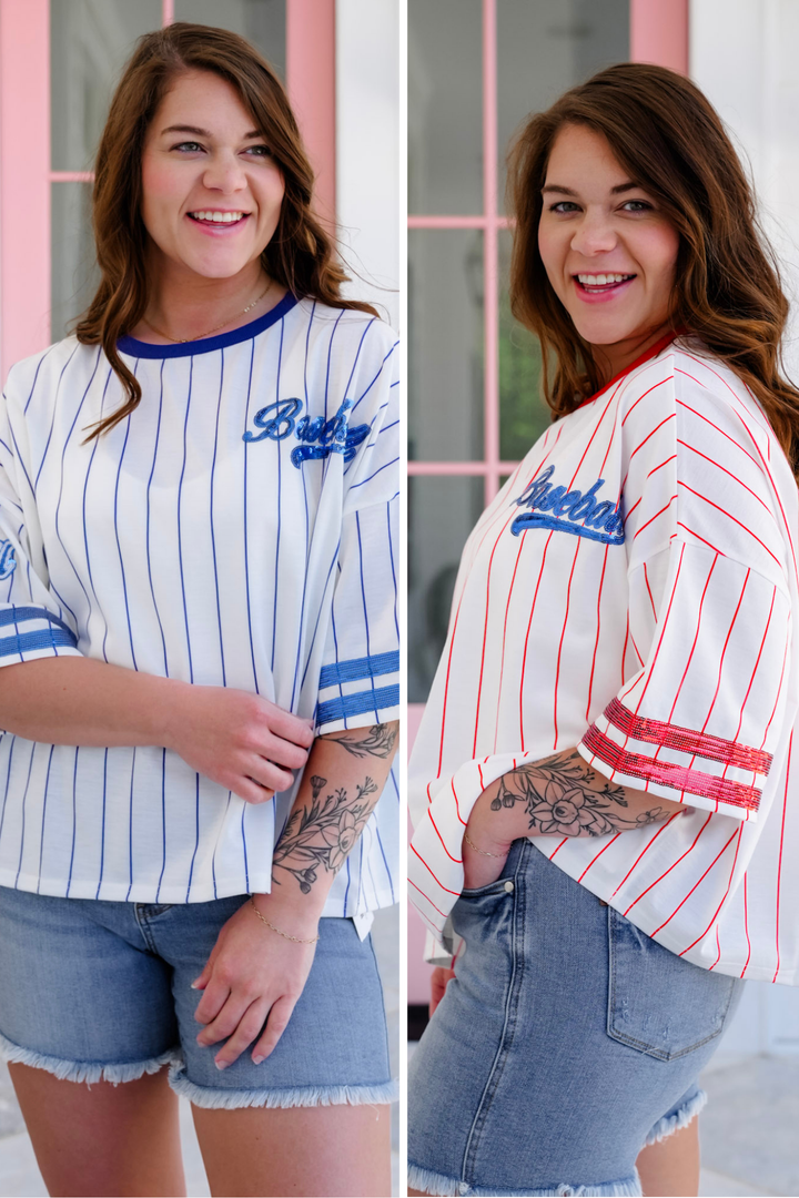 Stripe Short Sleeve Baseball Top with Sequin Detail