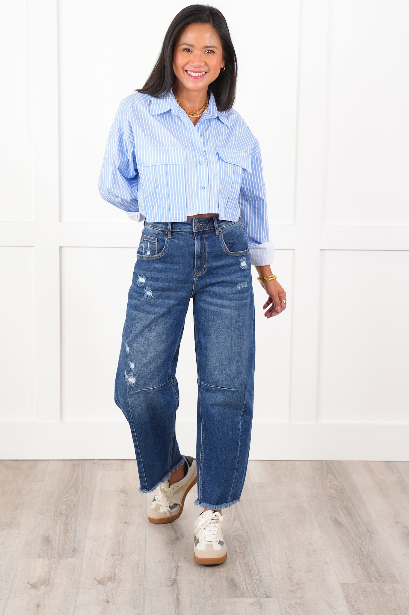 Mica High Rise Medium Wash Distressed Ankle Barrel Leg Jeans