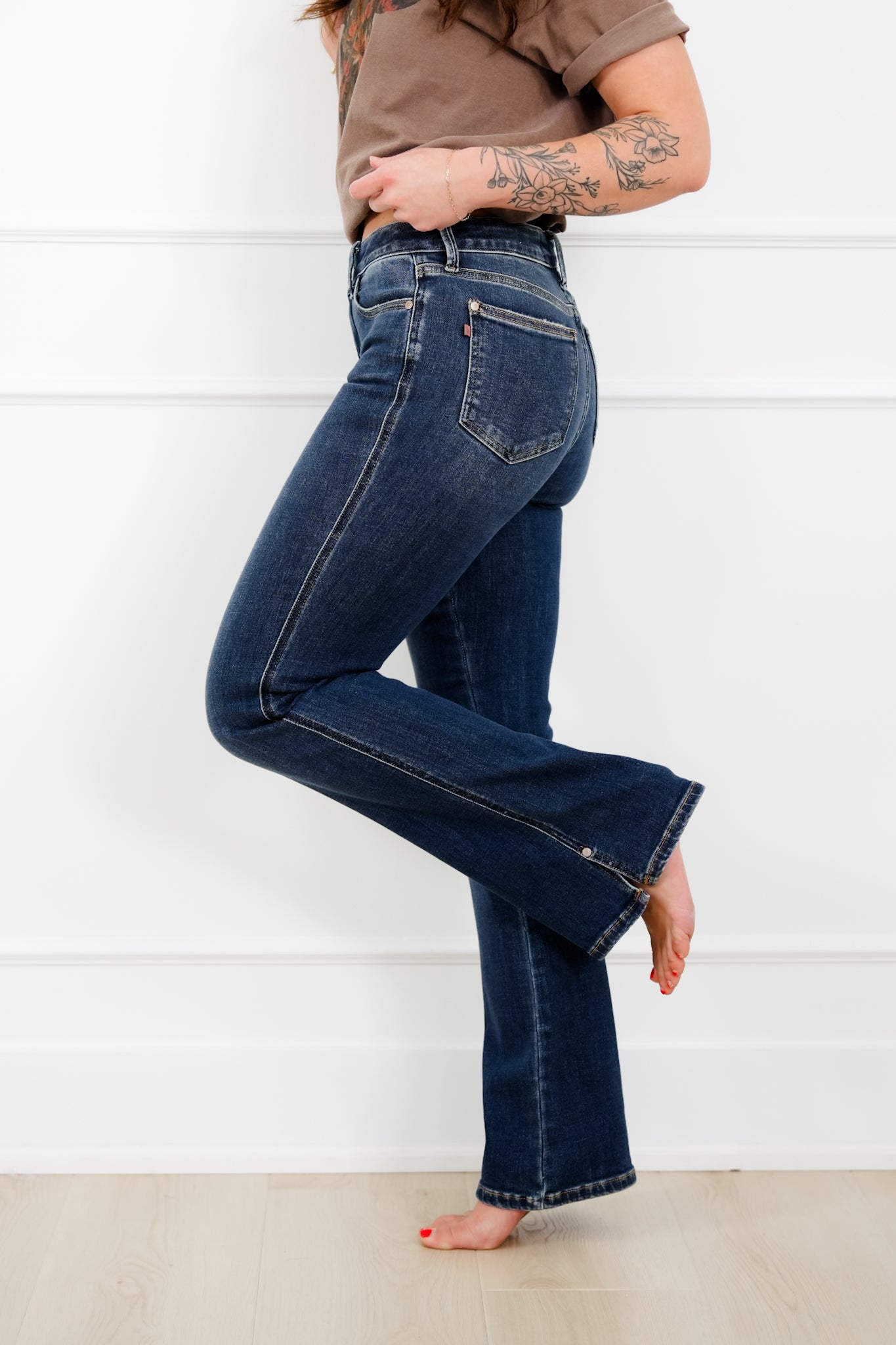 Judy Blue Mid Rise Dark Wash Bootcut Jeans with Slit and Cell Phone Pocket