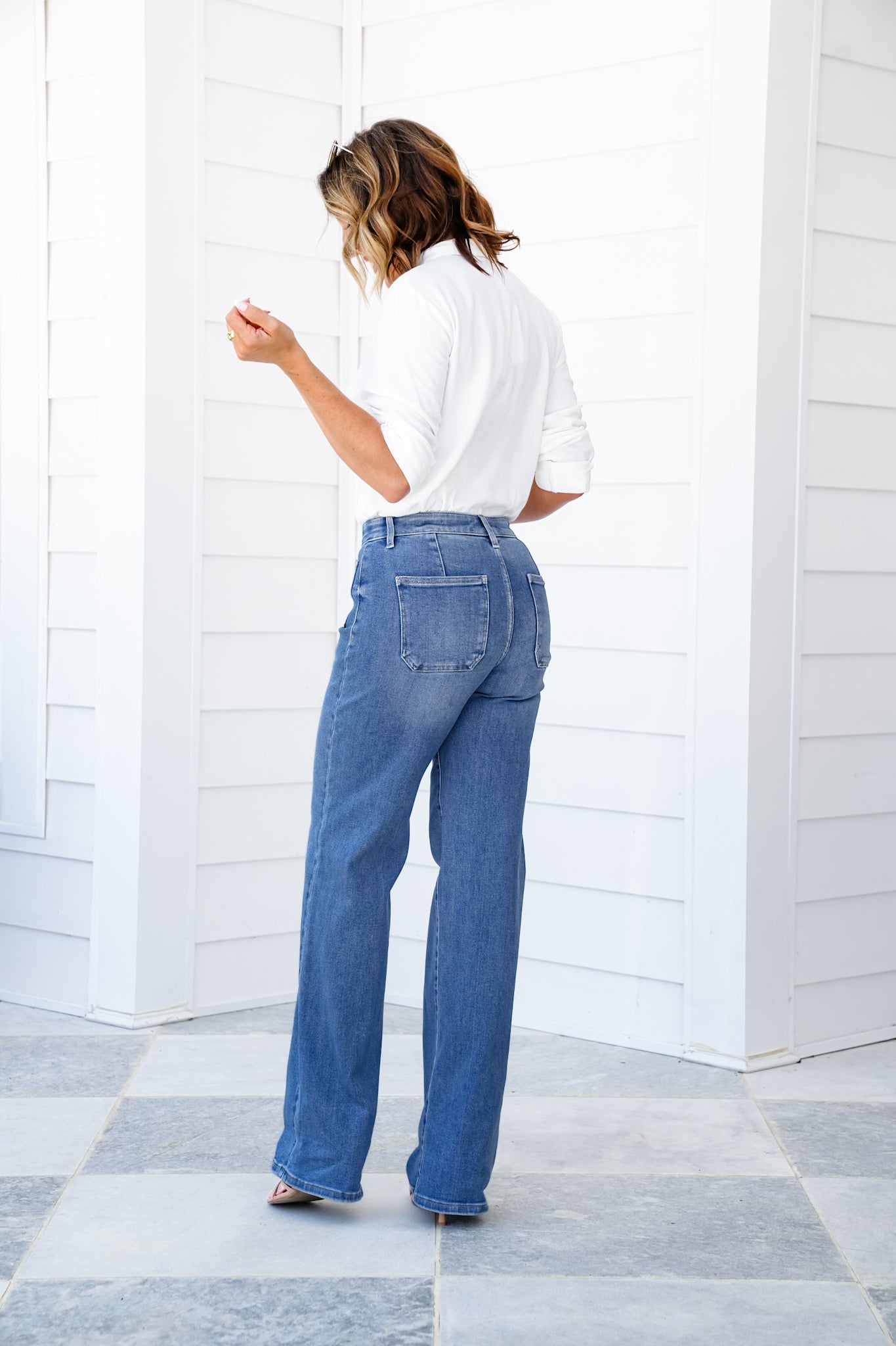 Risen High Rise Medium Wash Wide Leg Cuffed Front Patch Pocket Jeans with Elastic Waistband