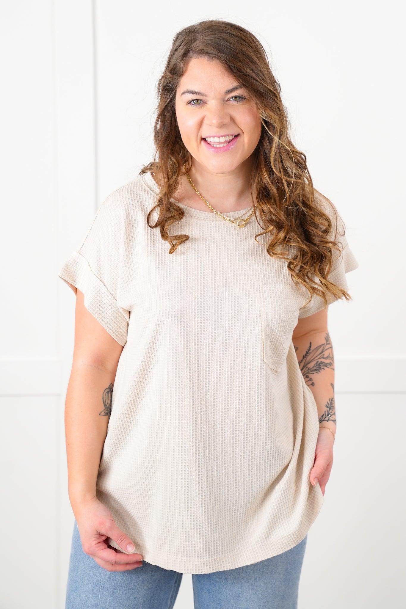 Door Buster! Plus/Reg Waffle Knit Short Dolman Sleeve Round Neck Top