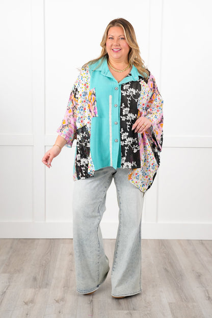 POL Thermal Long Dolman Sleeve Button Down Top with Contrast Print Detail